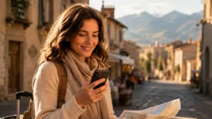 utazó nő nyugodtan használja a telefonját eSIM-mel külföldön